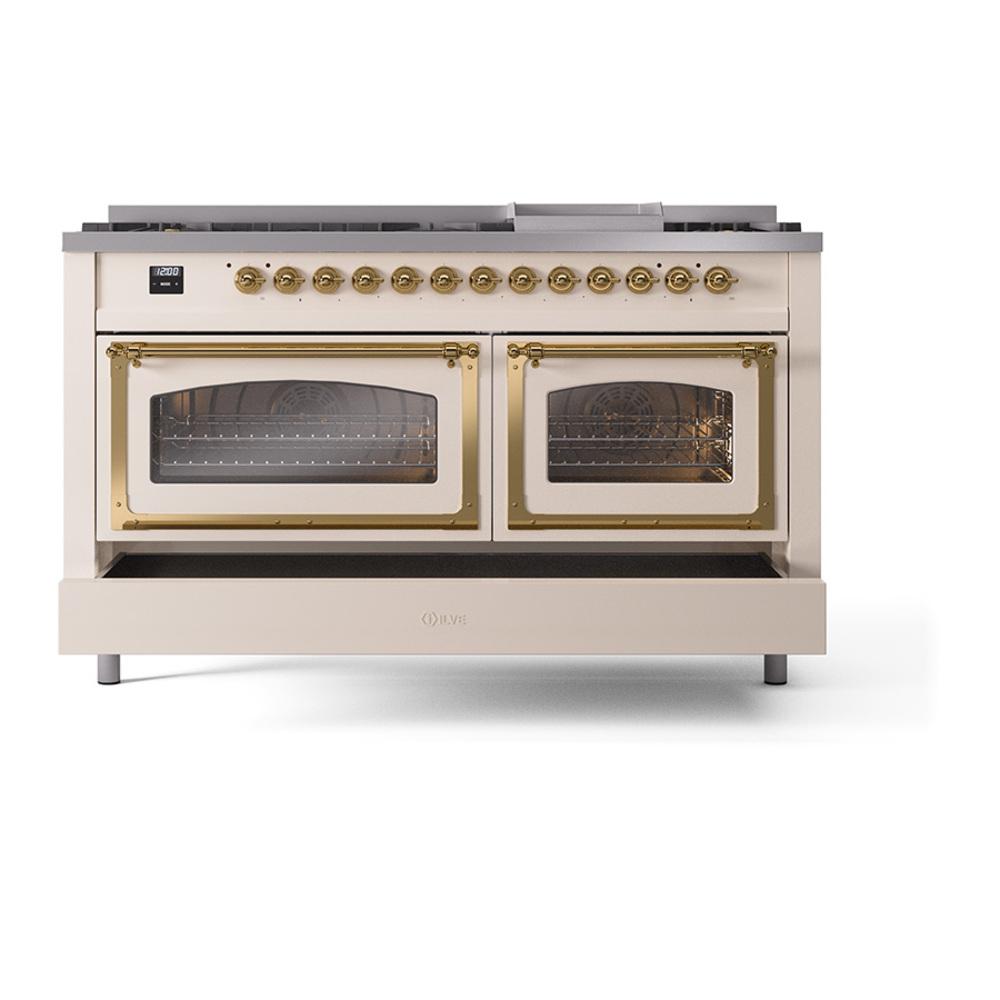 ILVE UN60FNMPAWGLP Nostalgie II Noblesse 60 inch Dual Fuel Range (9 Sealed Burners + Griddle, Liquid Propane, Triple Glass Door, Antique White, Brass)