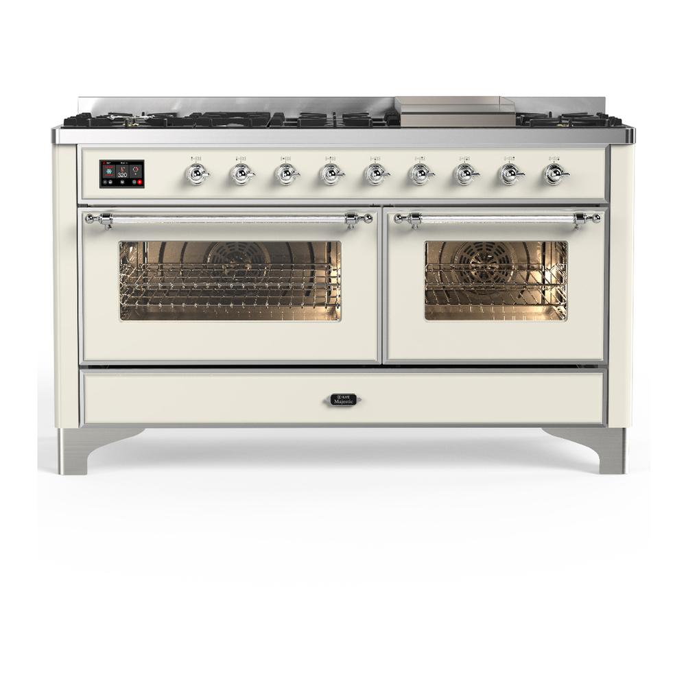 ILVE UM60FNR3AWC Majestic III 60 inch Dual Fuel Range with 9 Burners and Griddle, Dual Function Burner up to 25,000 BTU (Natural Gas, Triple Glass Door, Antique White, Chrome)