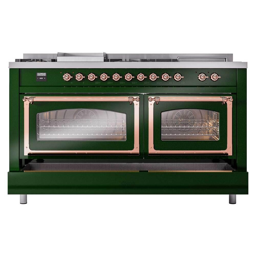 ILVE UN60FSNMPEGPLP Nostalgie II Noblesse 60 inch Dual Fuel Range (7 Sealed Burners + Griddle + French Top, Liquid Propane, Triple Glass Door, Emerald Green, Copper)