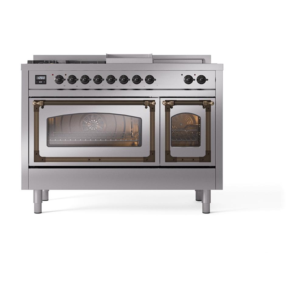 ILVE UN48FSNMPSSB Nostalgie II Noblesse 48 inch Dual Fuel Range (5 Sealed Burners + Griddle + French Top, Natural Gas, Triple Glass Door, Stainless Steel, Burnished)