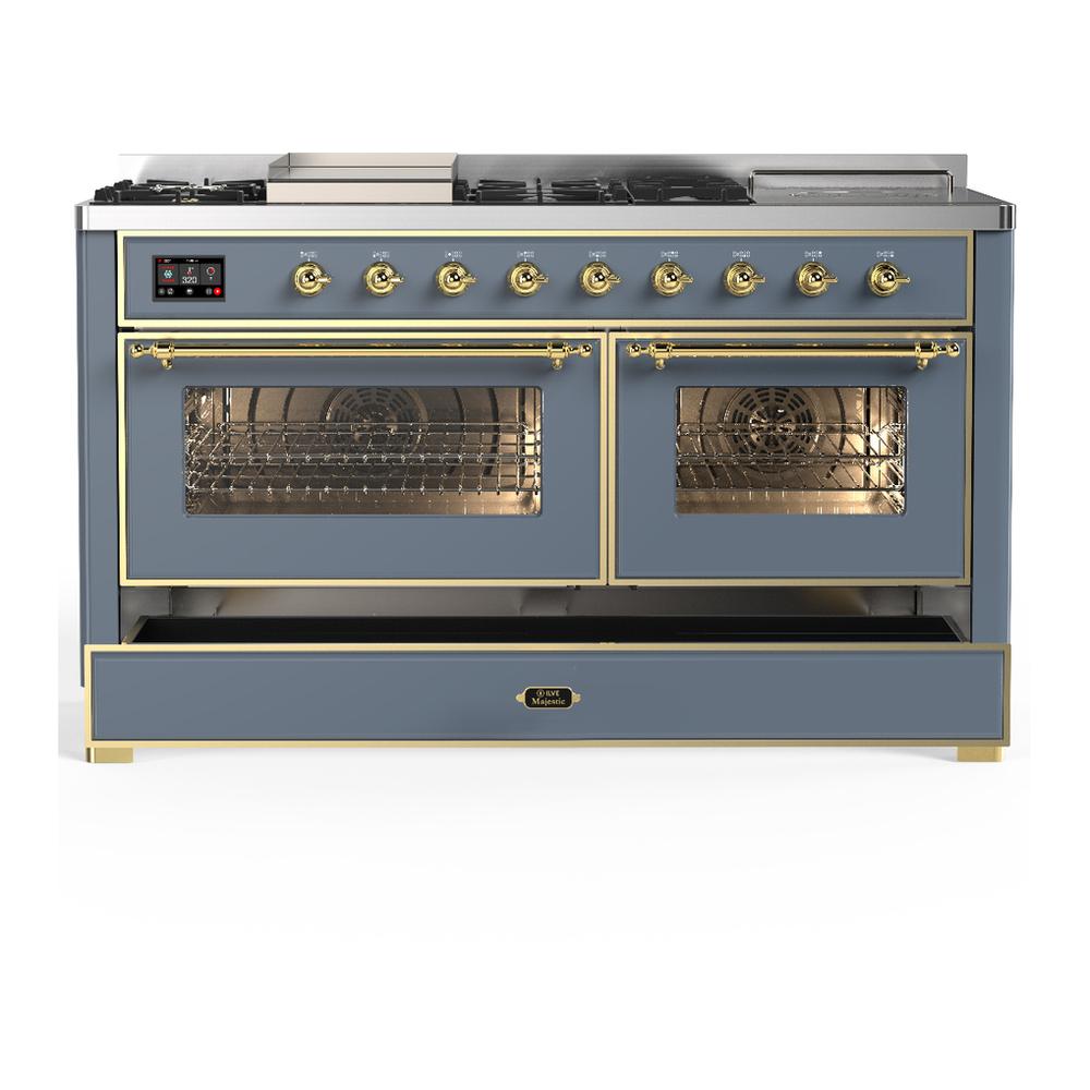 ILVE UM60FSNR3BGGLP Majestic III 60 inch Dual Fuel Range with 7 Burners, Griddle and French Top, Dual Function Burner with up to 25,000 BTU (Liquid Propane, Triple Glass Door, Blue Grey, Brass)
