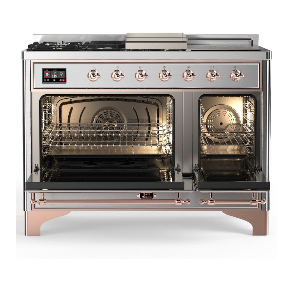 ILVE UM48FSNR3SSPLP Majestic III 48 inch Dual Fuel Range with 5 Black Brass Burners, Griddle and French Top, Dual Function Burner up to 25,000 BTU (Liquid Propane, Triple Glass Door, Stainless Steel, Copper)