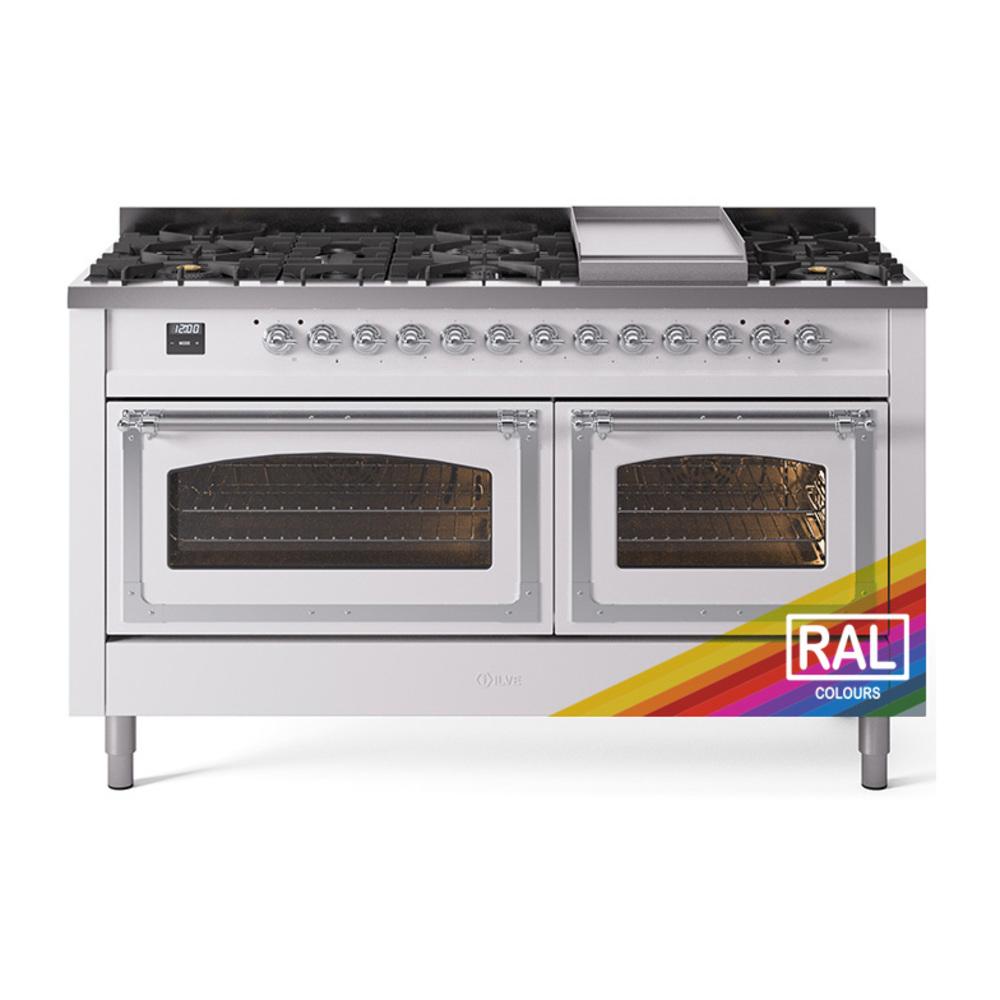 ILVE UN60FNMPRAC Nostalgie II Noblesse 60 inch Dual Fuel Range (9 Sealed Burners + Griddle, Natural Gas, Triple Glass Door, RAL, Chrome)