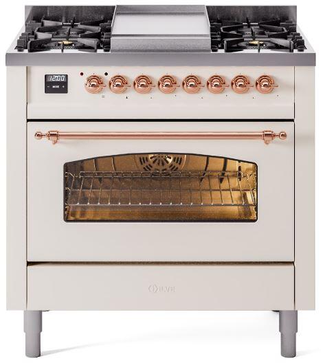 Nostalgie II 36 Inch Dual Fuel Natural Gas Freestanding Range in Antique White with Copper Trim