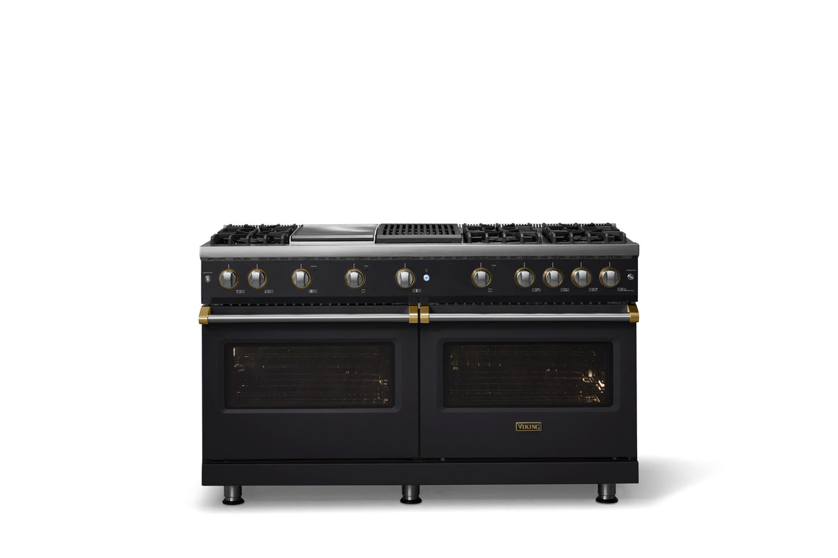 60"W. Sealed Burner Gas Range (Finish: Onyx, Trim: Brushed Brass, Fuel: Natural Gas)