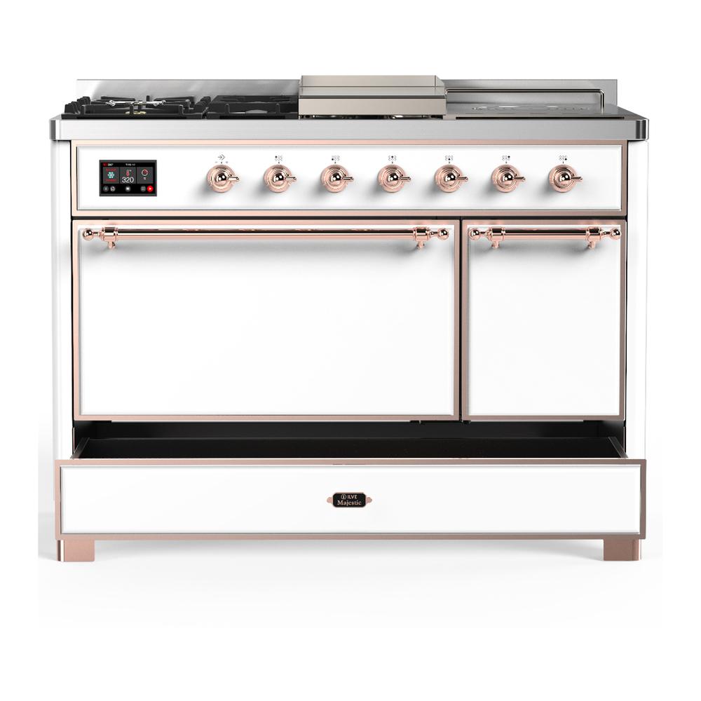 ILVE UM48FSQNR3WHP Majestic III 48 inch Dual Fuel Range with 5 Black Brass Burners, Griddle and French Top, Dual Function Burner up to 25,000 BTU (Natural Gas, Solid Door, White, Copper)