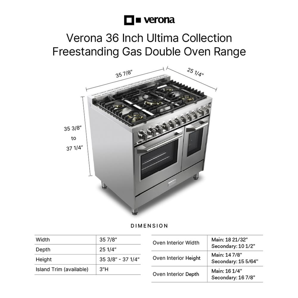 Verona VUFSGG365DSS 36 inch Ultima Collection Double Oven Gas Range with 5 Brass Burners, 4.1 cu. ft. Oven Total Capacity