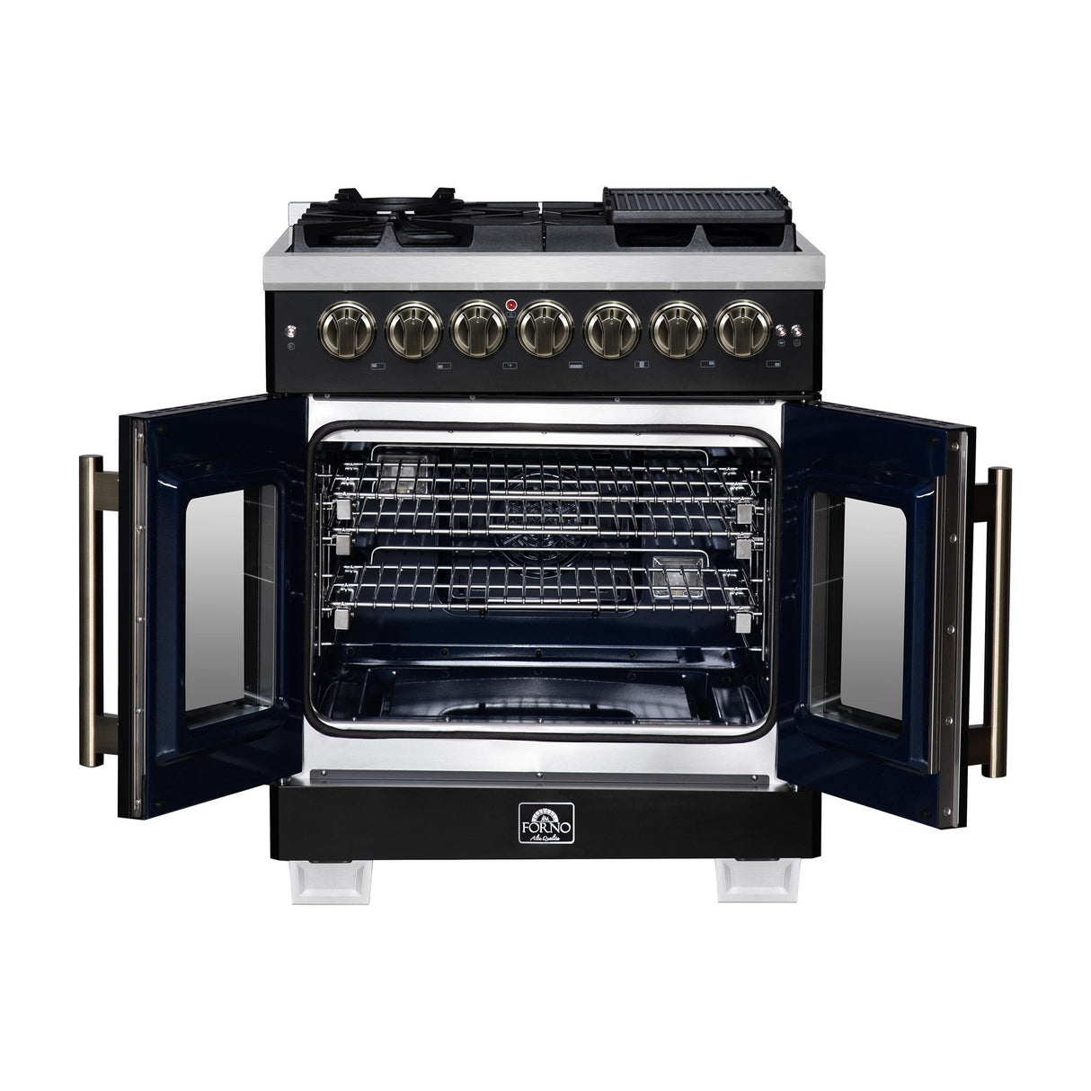 Forno Capriasca 30 Inch Freestanding French Door Dual Fuel Range in Black with Antique Brass Accessories, 5 Burners, True Convection Oven