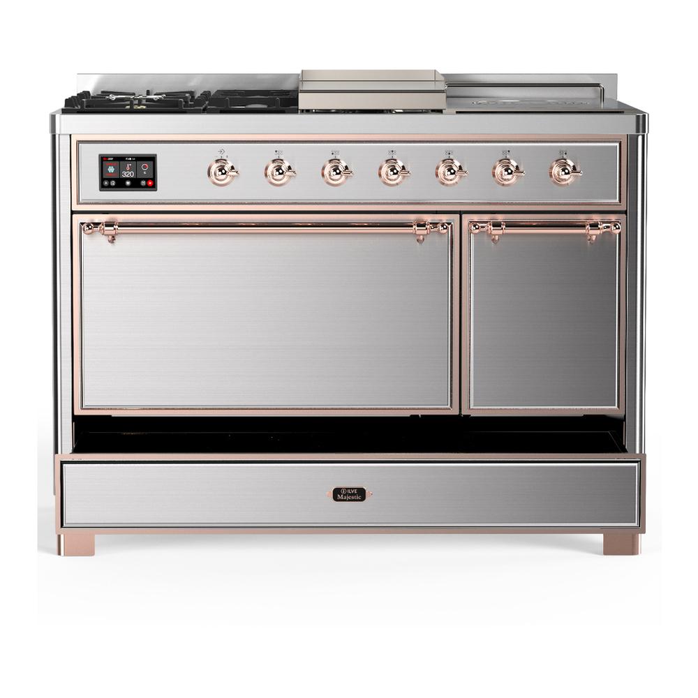 ILVE UM48FSQNR3SSP Majestic III 48 inch Dual Fuel Range with 5 Black Brass Burners, Griddle and French Top, Dual Function Burner up to 25,000 BTU (Natural Gas, Solid Door, Stainless Steel, Copper)