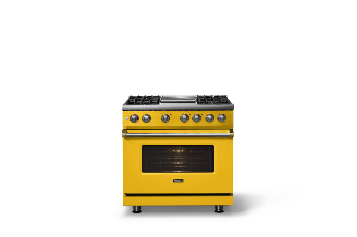 36"W. Dual Fuel Range (Burner: 4g, Finish: Daffodil, Trim: Polished Chrome, Fuel: Propane)