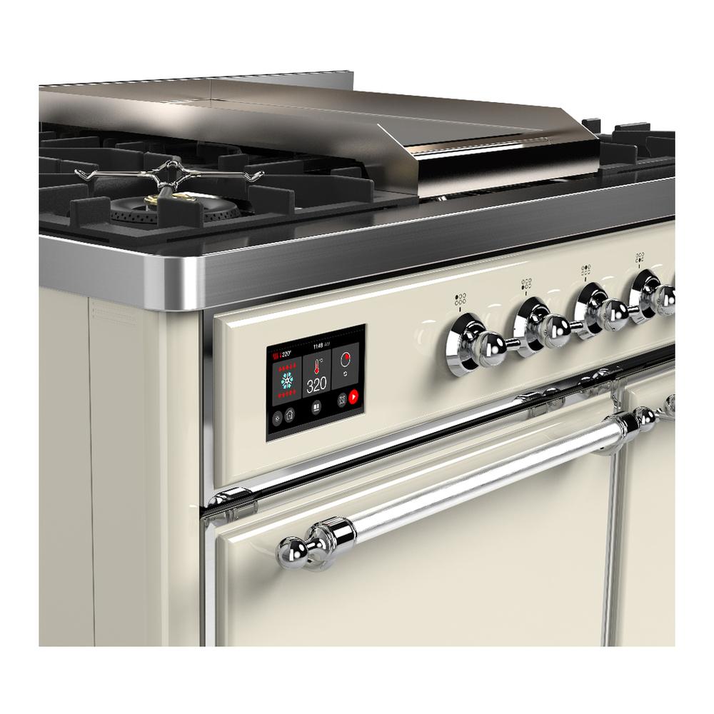 ILVE UMD40FQNR3AWCLP Majestic III 40 inch Dual Fuel Range with 6 Burners and Griddle, Dual Function Burner up to 25,000 BTU (Liquid Propane, Solid Door, Antique White, Chrome)