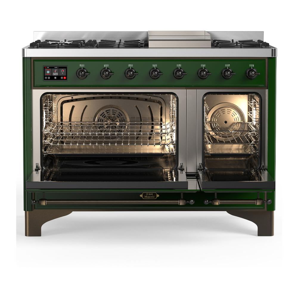ILVE UM48FQNR3EGBLP Majestic III 48 inch Dual Fuel Range with 8 Burners and Griddle, Dual Function Burner up to 25,000 BTU (Liquid Propane, Solid Door, Emerald Green, Burnished)