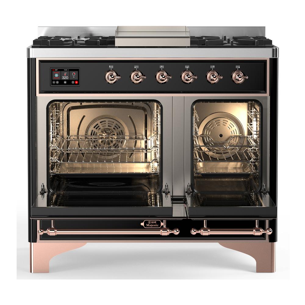 ILVE UMD40FQNR3BKPLP Majestic III 40 inch Dual Fuel Range with 6 Burners and Griddle, Dual Function Burner up to 25,000 BTU (Liquid Propane, Solid Door, Glossy Black, Copper)