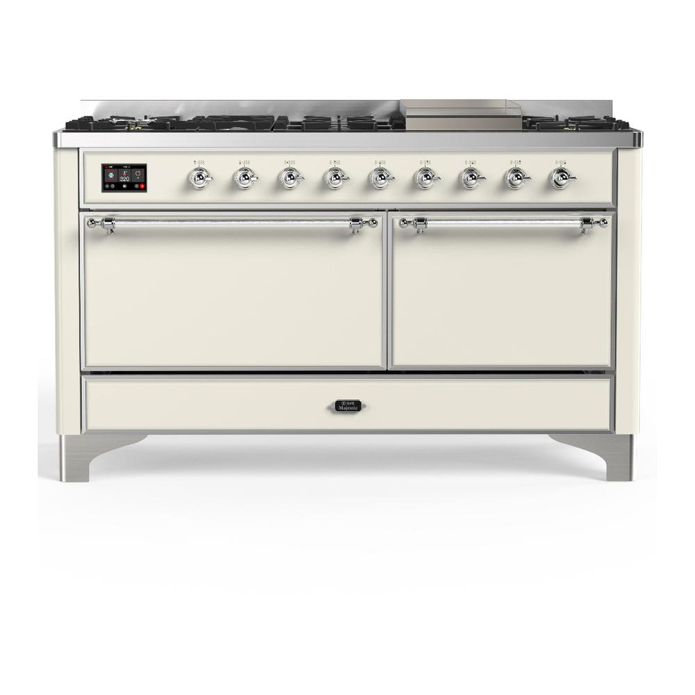 ILVE UM60FQNR3AWCLP Majestic III 60 inch Dual Fuel Range with 9 Burners and Griddle, Dual Function Burner up to 25,000 BTU (Liquid Propane, Solid Door, Antique White, Chrome)
