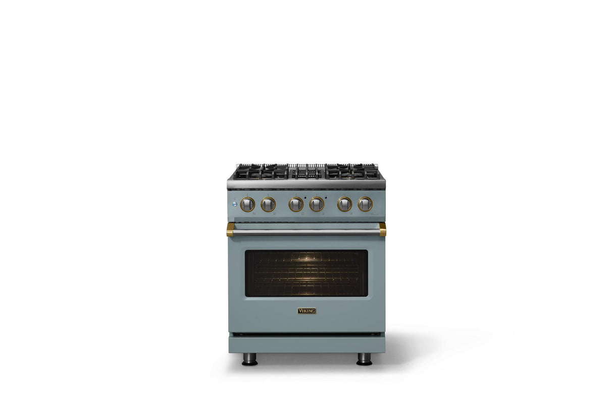 30"W. Dual Fuel Range (Finish: November Sky, Trim: Brushed Brass, Fuel: Propane)