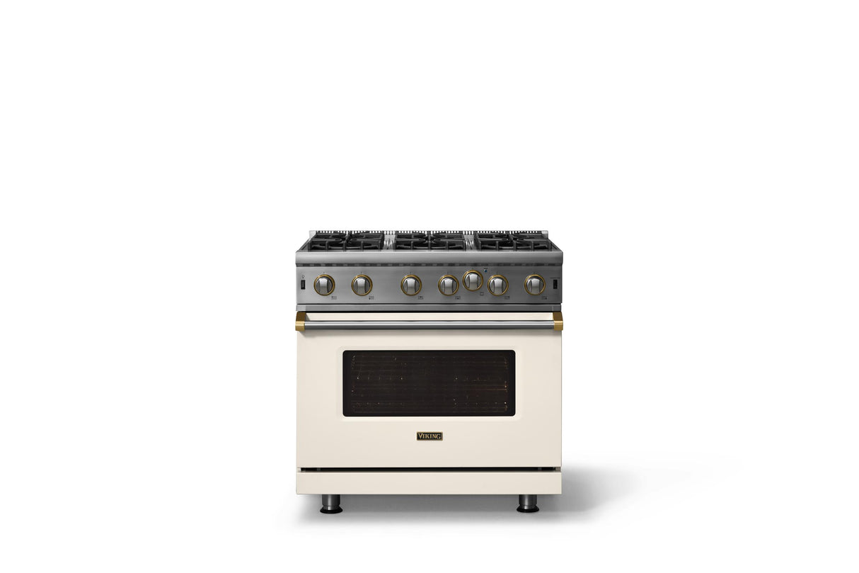 36"W. Open Burner Gas Range (Finish: Pure White, Trim: Brushed Brass, Fuel: Propane)