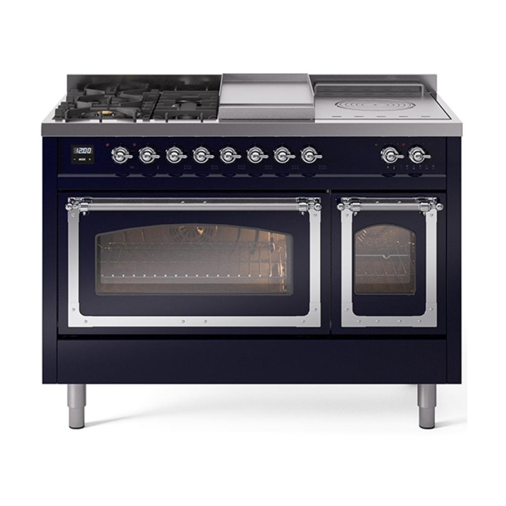ILVE UN48FSNMPMBCLP Nostalgie II Noblesse 48 inch Dual Fuel Range (5 Sealed Burners + Griddle + French Top, Liquid Propane, Triple Glass Door, Midnight Blue, Chrome)