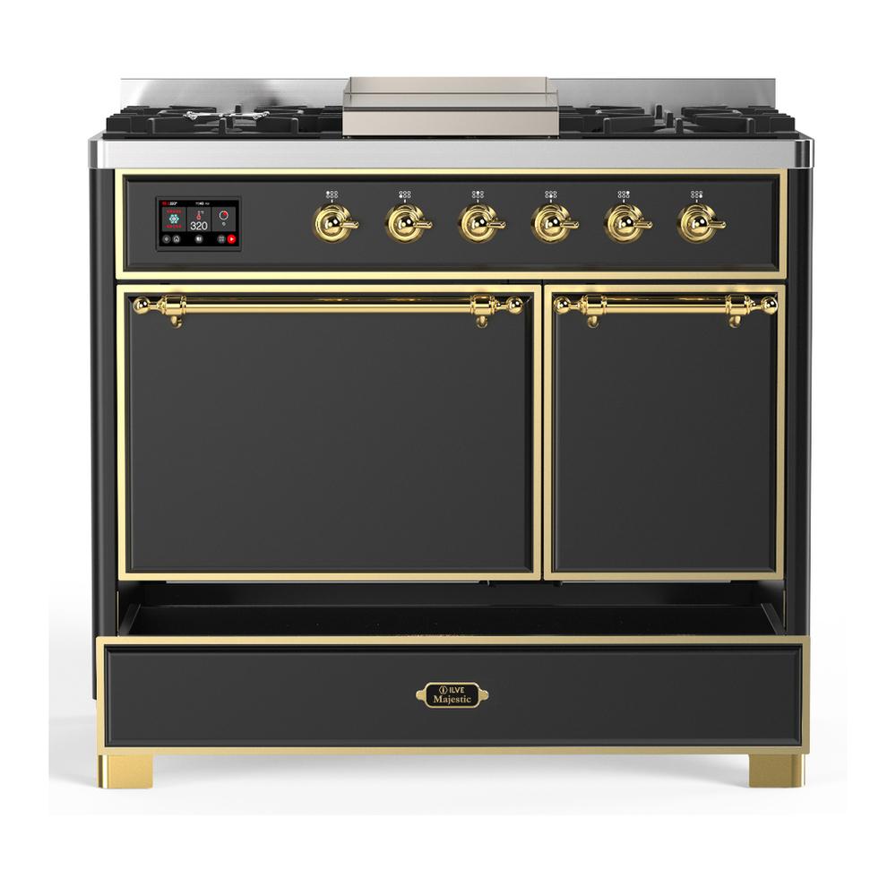 ILVE UMD40FQNR3MGGLP Majestic III 40 inch Dual Fuel Range with 6 Burners and Griddle, Dual Function Burner up to 25,000 BTU (Liquid Propane, Solid Door, Graphite Matte, Brass)