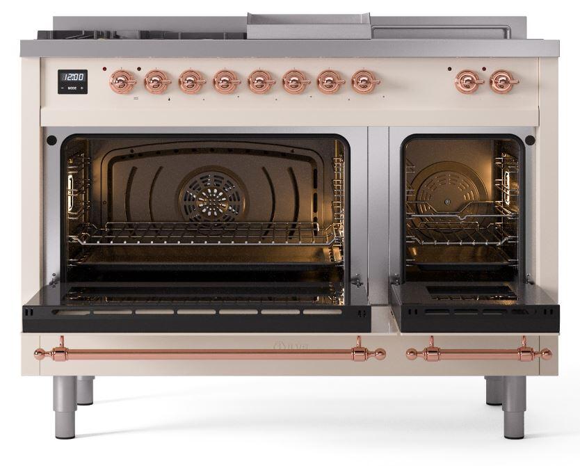 Nostalgie II 48 Inch Dual Fuel Natural Gas Freestanding Range in Antique White with Copper Trim