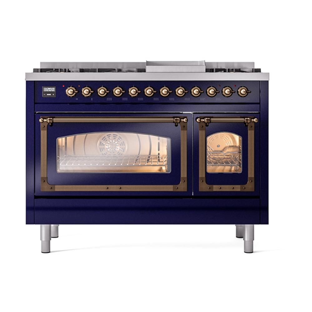 ILVE UN48FNMPMBB Nostalgie II Noblesse 48 inch Dual Fuel Range (8 Sealed Burners + Griddle, Natural Gas, Triple Glass Door, Midnight Blue, Burnished)