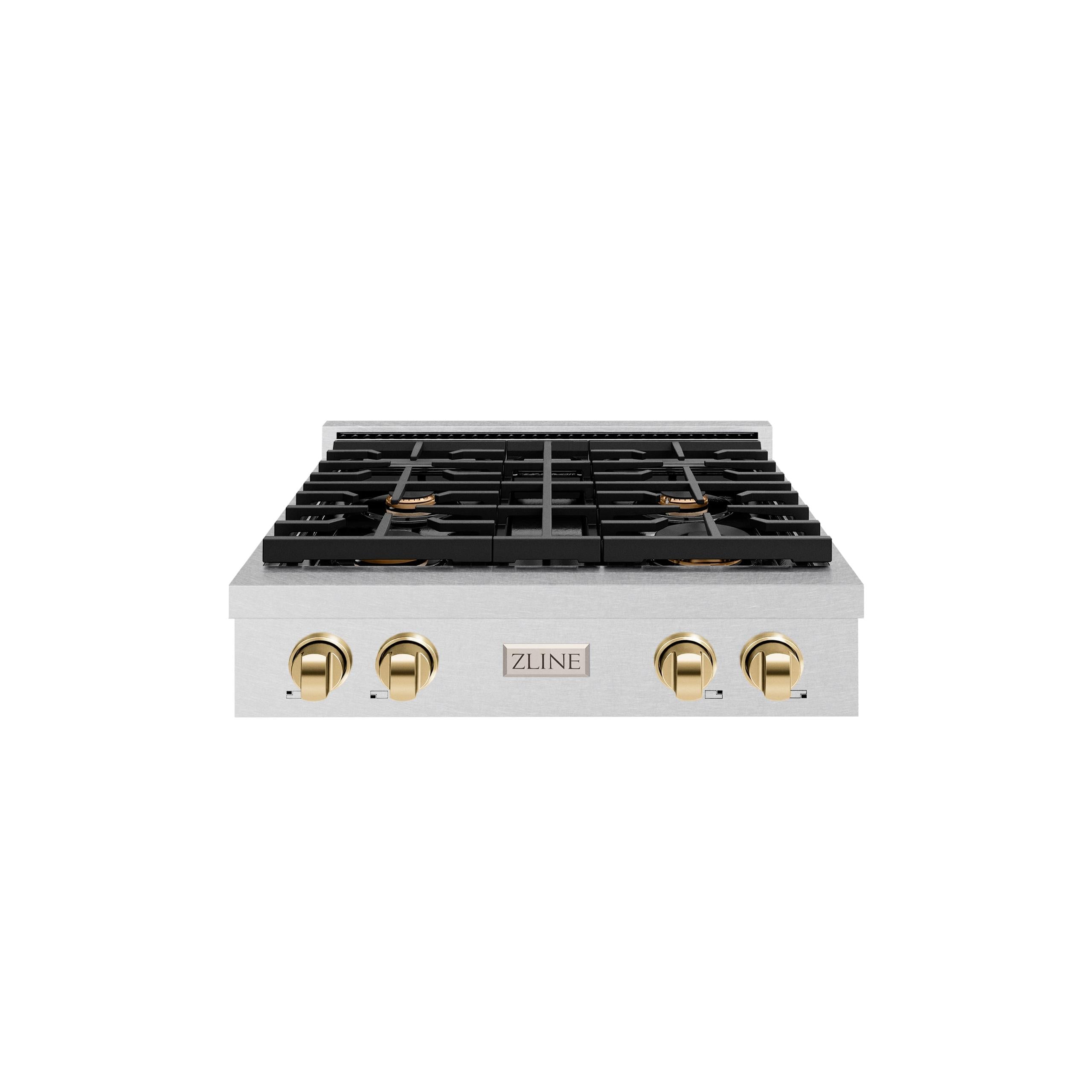 ZLINE 30 in. Autograph Edition Paramount Gas Rangetop with 4 Burners and Porcelain Cooktop in DuraSnow' Stainless Steel with Polished Gold Accents (SRTSZ-30-G)