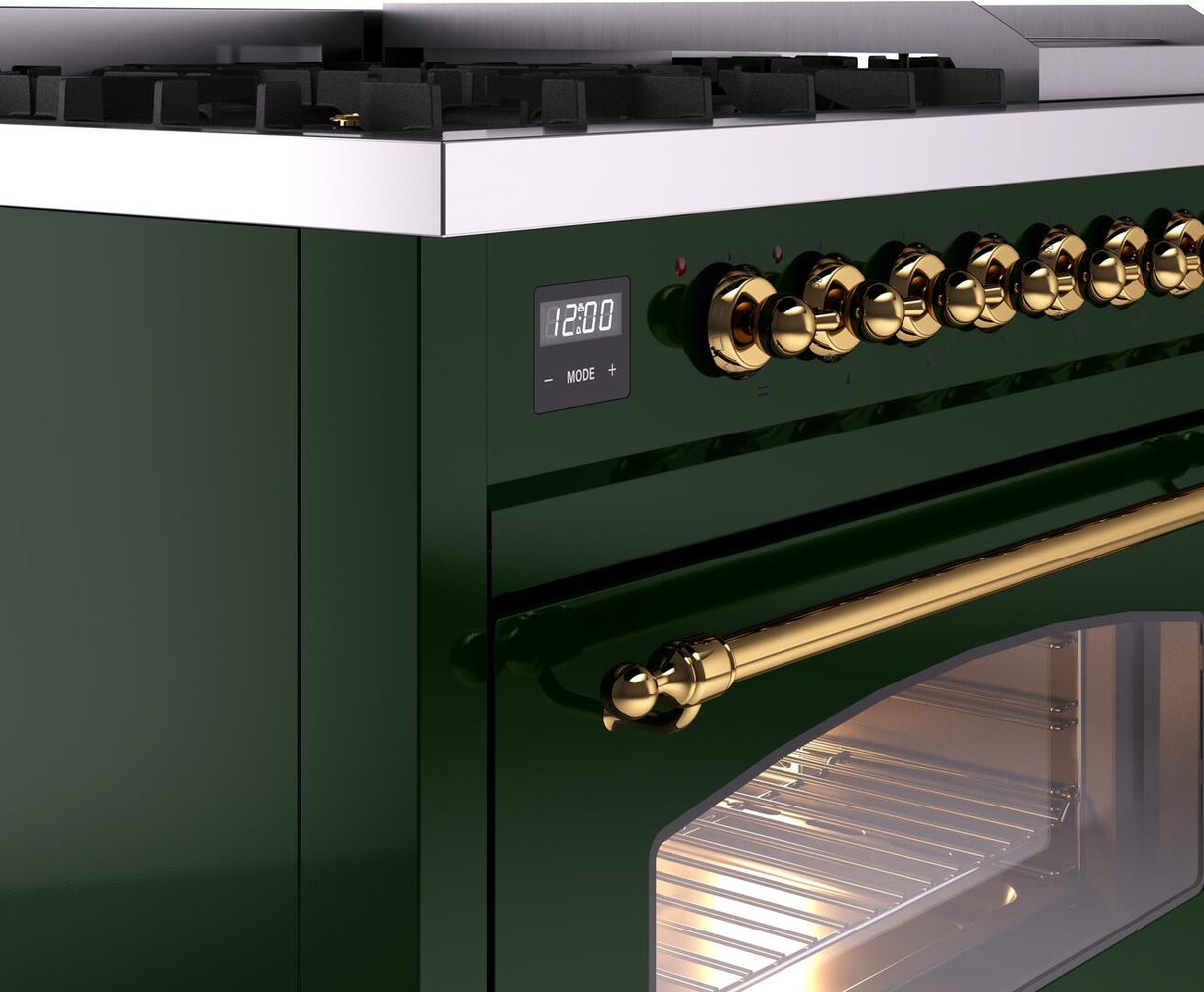 Nostalgie II 48 Inch Dual Fuel Liquid Propane Freestanding Range in Emerald Green with Brass Trim