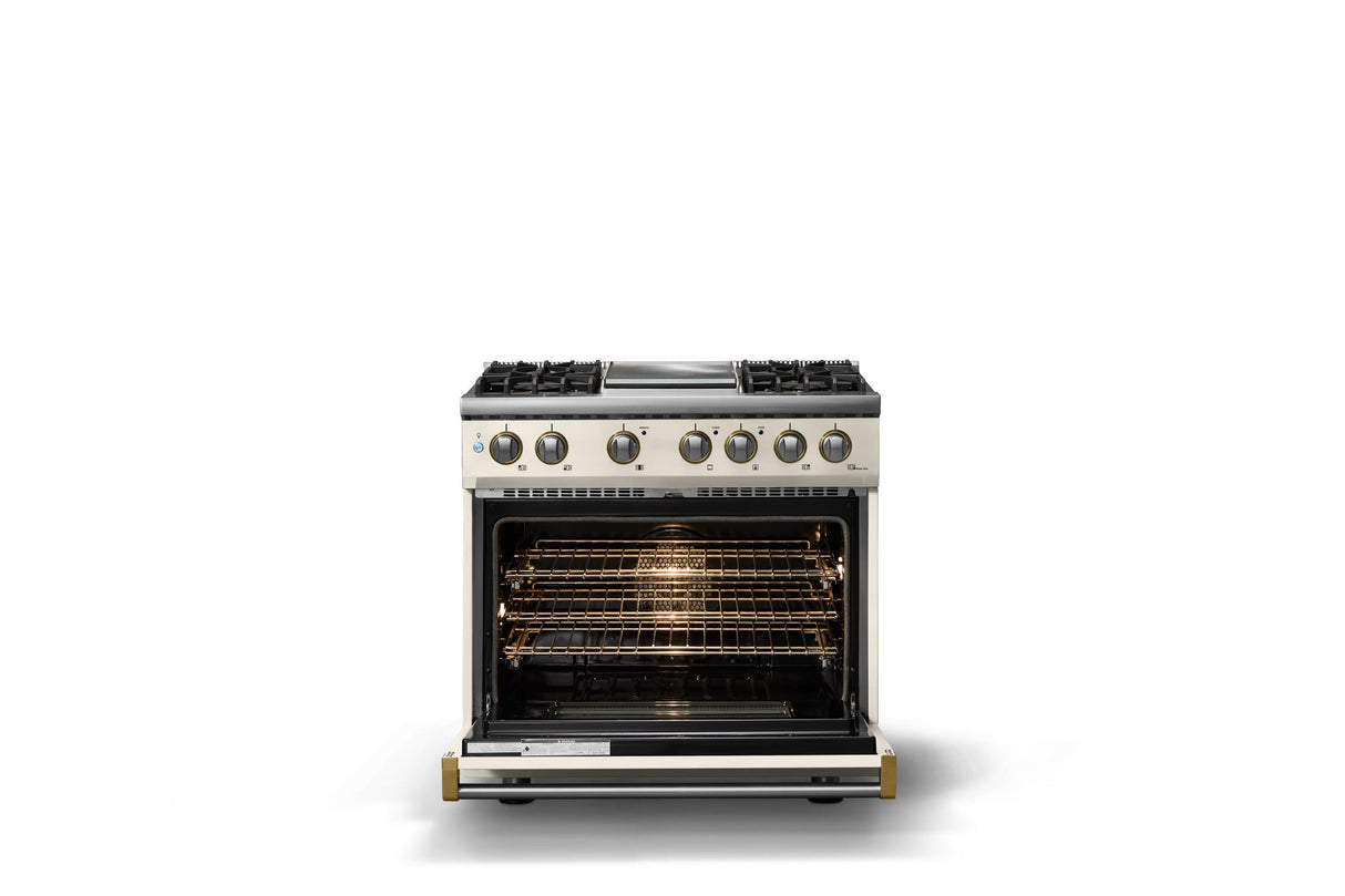 36"W. Dual Fuel Range (Burner: 4g, Finish: Pure White, Trim: Polished Chrome, Fuel: Propane)