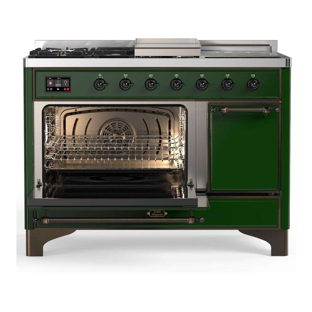 ILVE UM48FSQNR3EGBLP Majestic III 48 inch Dual Fuel Range with 5 Black Brass Burners, Griddle and French Top, Dual Function Burner up to 25,000 BTU (Liquid Propane, Solid Door, Emerald Green, Burnished)