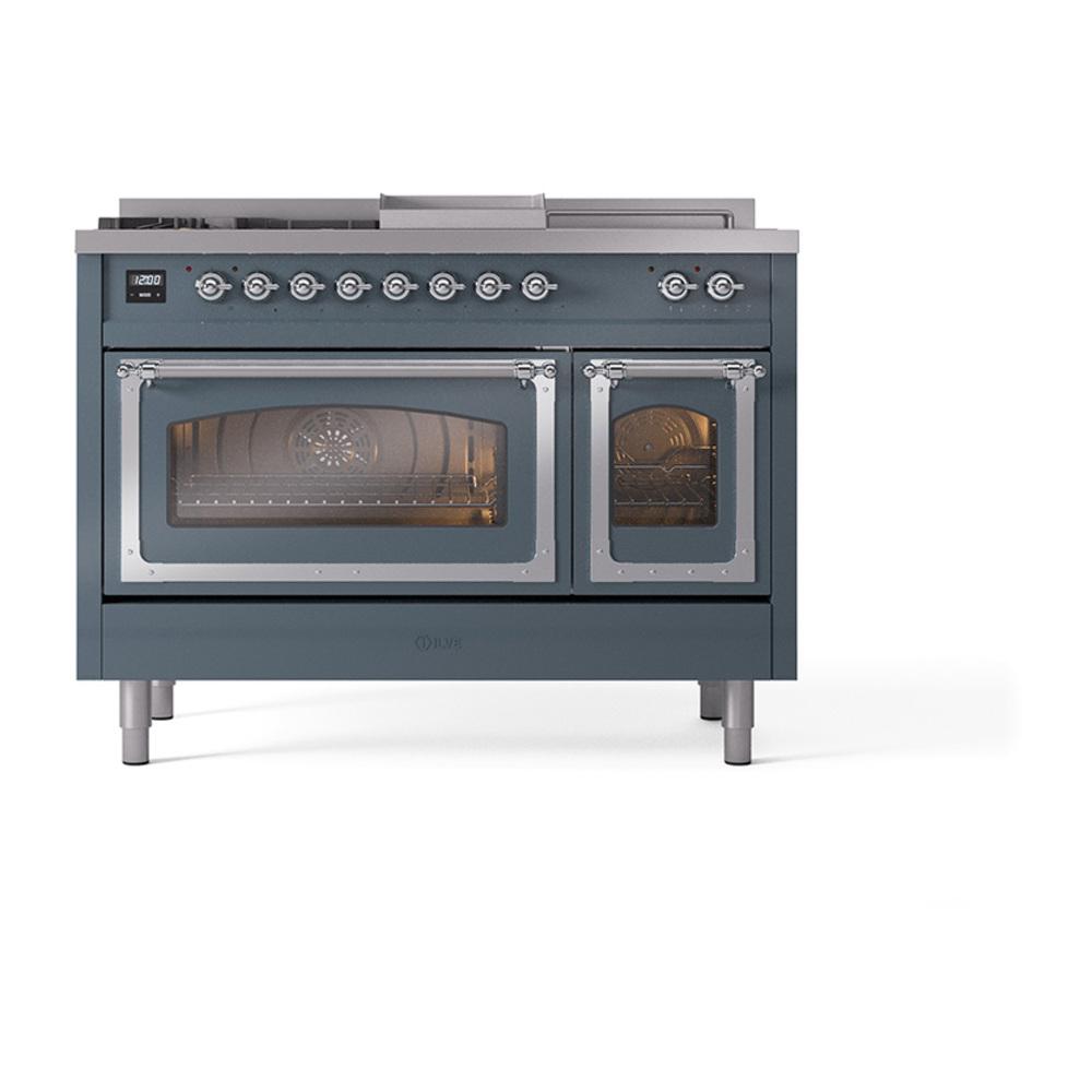 ILVE UN48FSNMPBGC Nostalgie II Noblesse 48 inch Dual Fuel Range (5 Sealed Burners + Griddle + French Top, Natural Gas, Triple Glass Door, Blue Grey, Chrome)