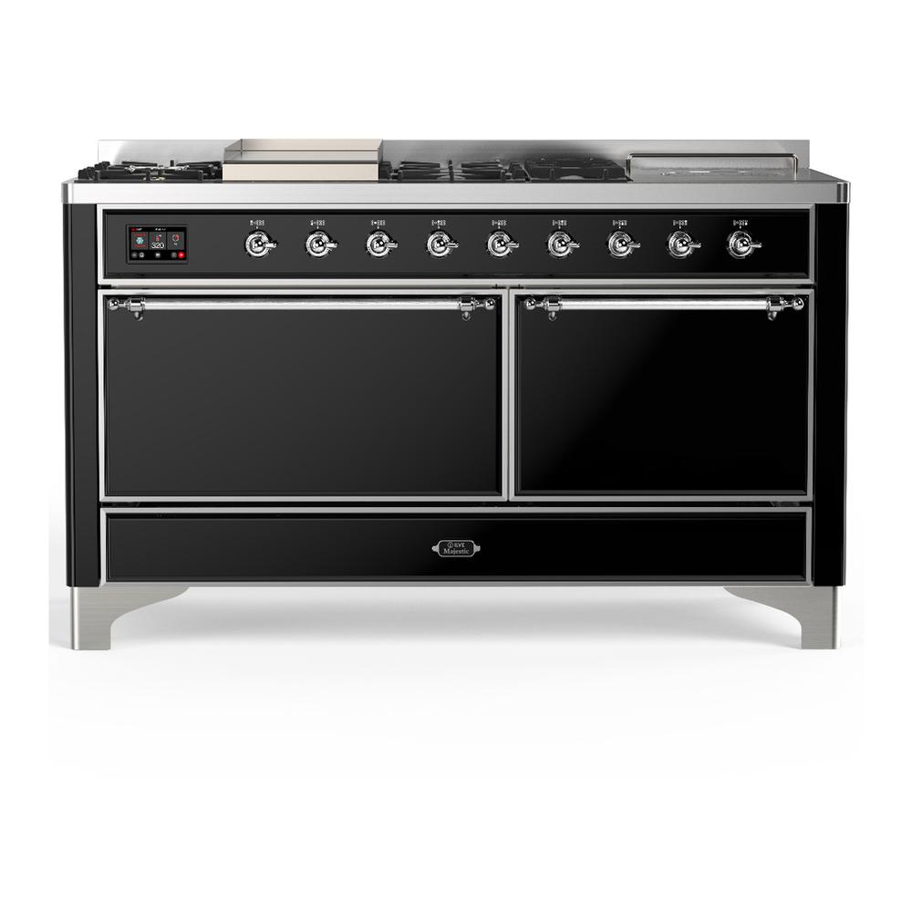 ILVE UM60FSQNR3BKC Majestic III 60 inch Dual Fuel Range with 7 Burners, Griddle and French Top, Dual Function Burner with up to 25,000 BTU (Natural Gas, Solid Door, Glossy Black, Chrome)