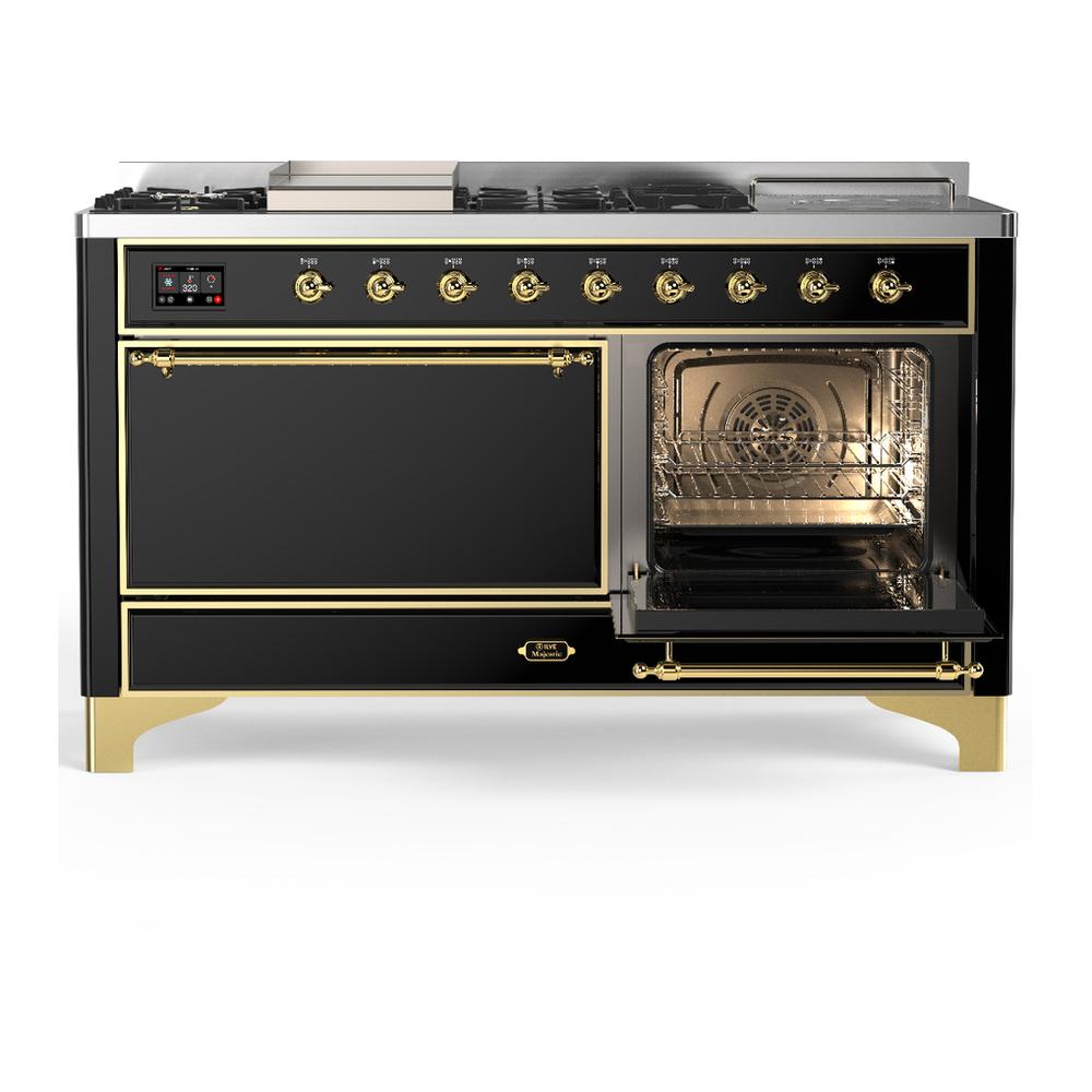 ILVE UM60FSQNR3BKGLP Majestic III 60 inch Dual Fuel Range with 7 Burners, Griddle and French Top, Dual Function Burner with up to 25,000 BTU (Liquid Propane, Solid Door, Glossy Black, Brass)