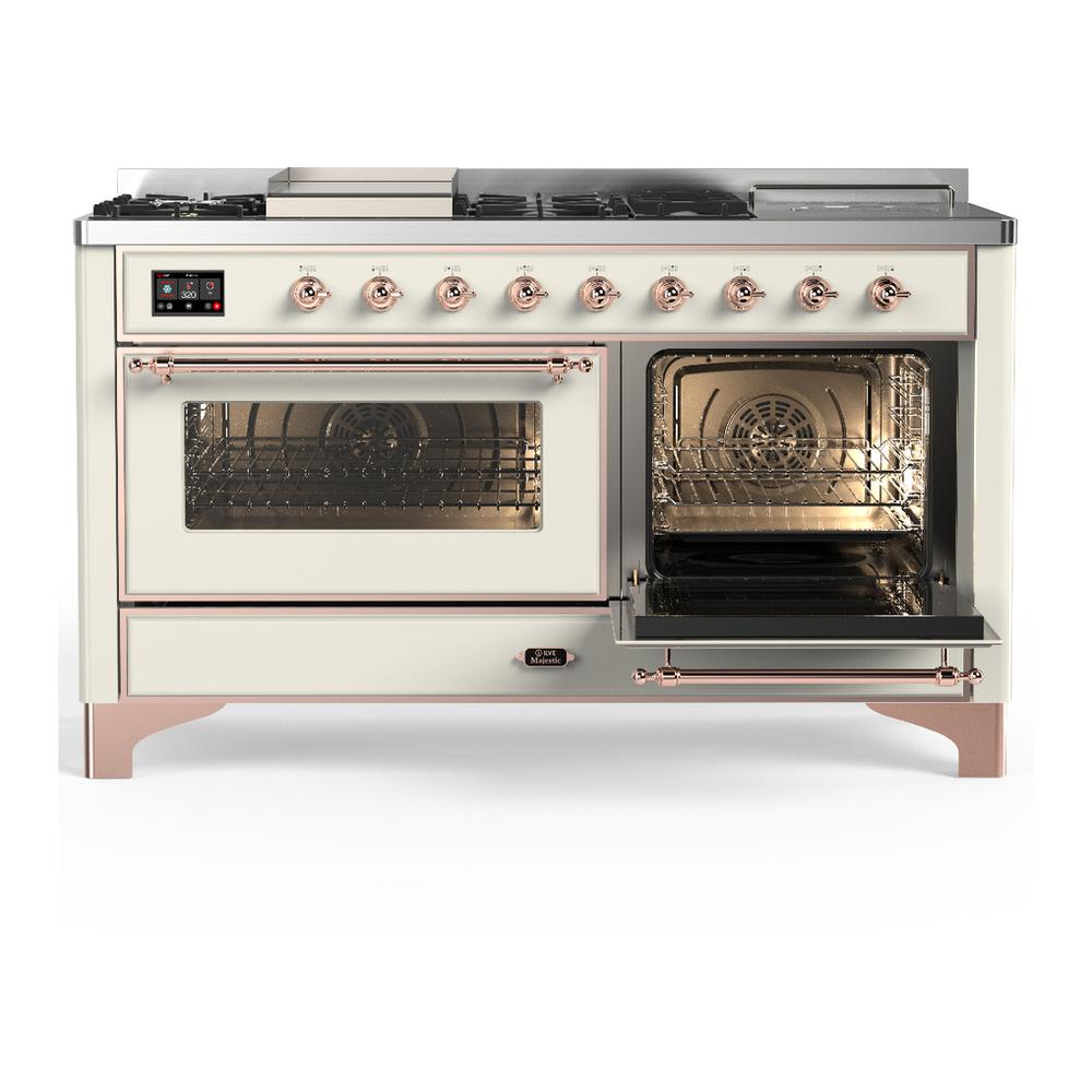 ILVE UM60FSNR3AWP Majestic III 60 inch Dual Fuel Range with 7 Burners, Griddle and French Top, Dual Function Burner with up to 25,000 BTU (Natural Gas, Triple Glass Door, Antique White, Copper)