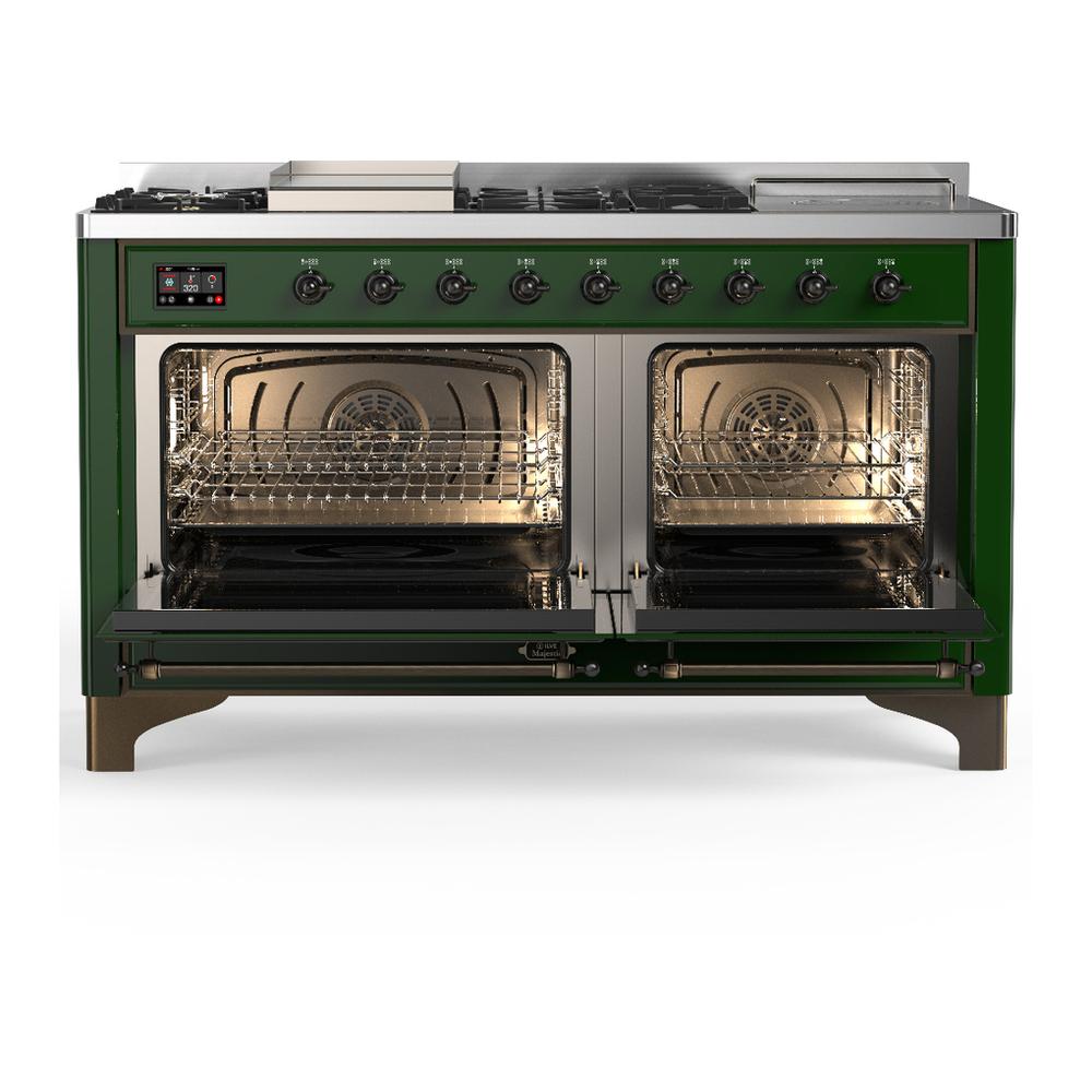 ILVE UM60FSQNR3EGB Majestic III 60 inch Dual Fuel Range with 7 Burners, Griddle and French Top, Dual Function Burner with up to 25,000 BTU (Natural Gas, Solid Door, Emerald Green, Burnished)