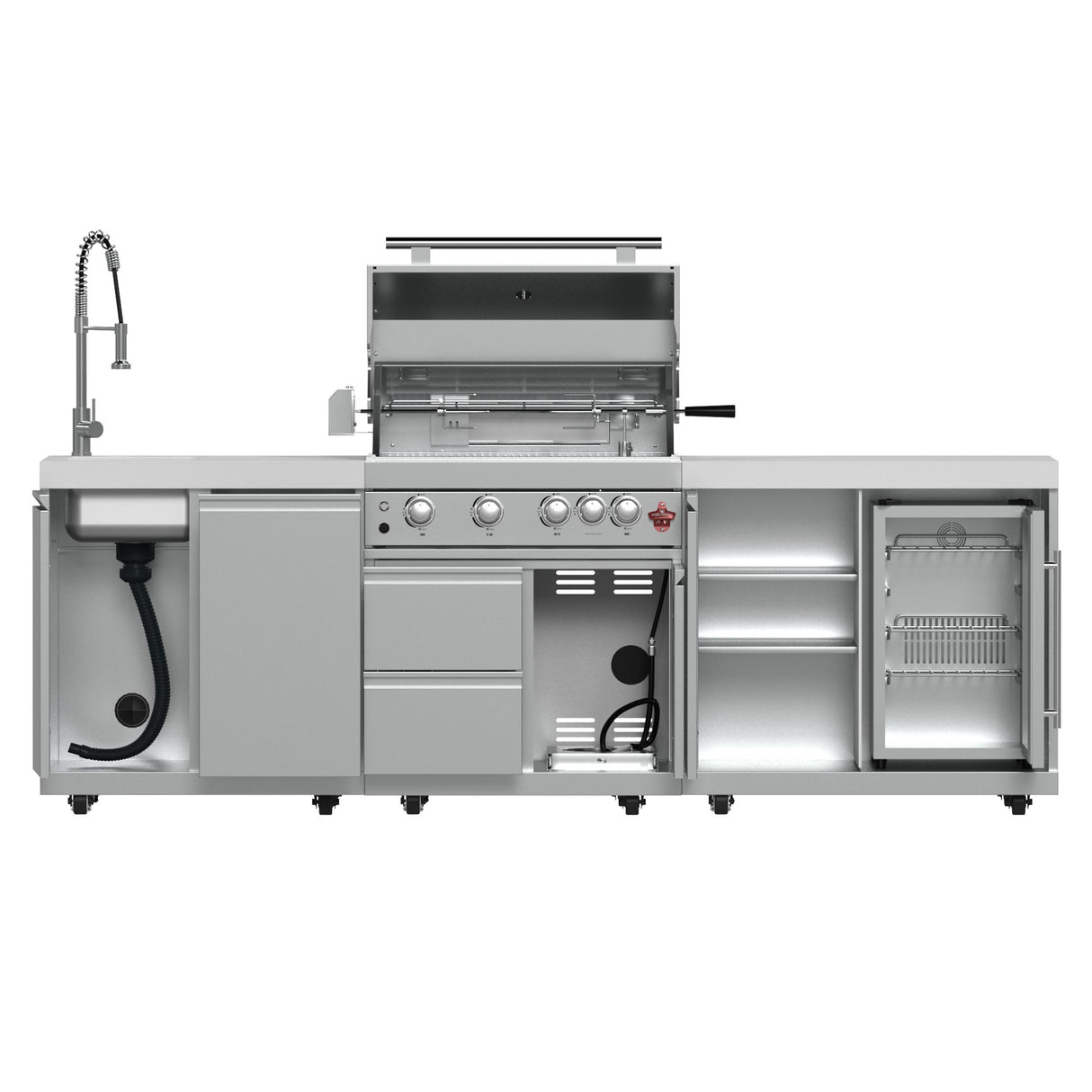 FORNO Bulnes 30-Inch BBQ, 60,000 BTU, 3 Burners with Sear & Rotisserie Infrared Burners, Stainless Steel Outdoor Kitchen with 1.8 cu.ft. Beverage Center & White Sintered Stone Countertops
