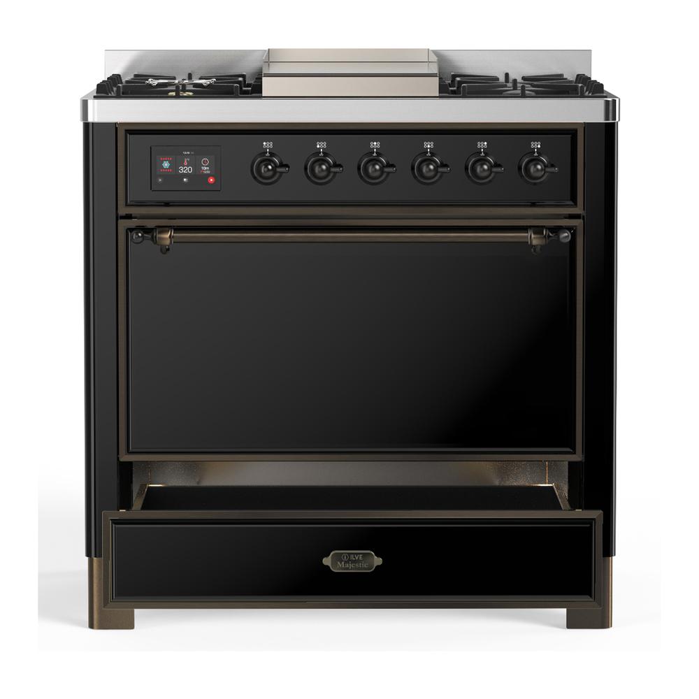ILVE UM36FQNR3BKB Majestic III 36 inch Dual Fuel Range with 6 Black Brass Burners and Griddle, Dual Function Burner up to 25,000 BTU (Solid Door, Glossy Black, Burnished, Natural Gas)