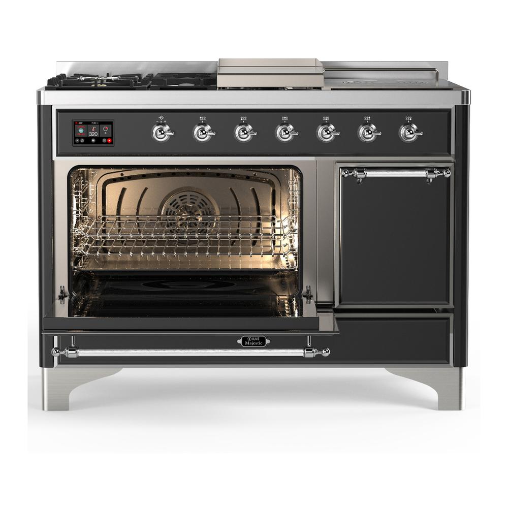 ILVE UM48FSQNR3MGCLP Majestic III 48 inch Dual Fuel Range with 5 Black Brass Burners, Griddle and French Top, Dual Function Burner up to 25,000 BTU (Liquid Propane, Solid Door, Graphite Matte, Chrome)