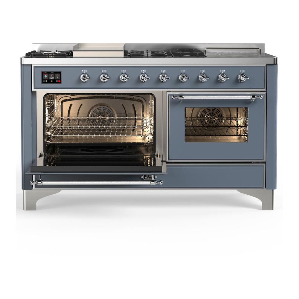 ILVE UM60FSNR3BGCLP Majestic III 60 inch Dual Fuel Range with 7 Burners, Griddle and French Top, Dual Function Burner with up to 25,000 BTU (Liquid Propane, Triple Glass Door, Blue Grey, Chrome)