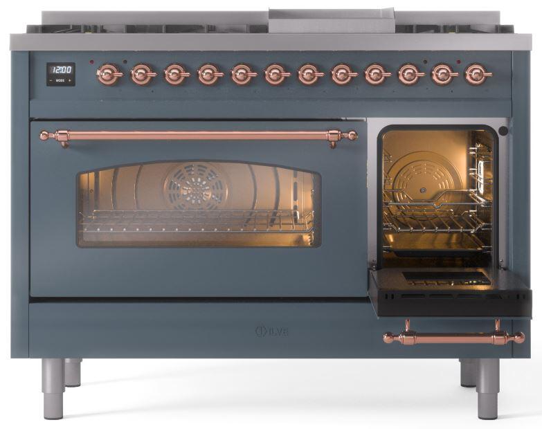 Nostalgie II 48 Inch Dual Fuel Liquid Propane Freestanding Range in Blue Grey with Copper Trim