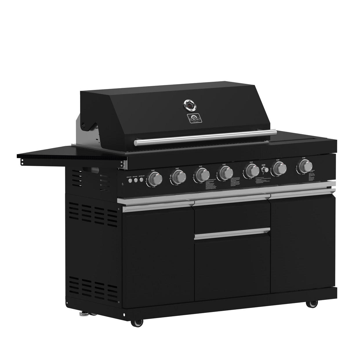 Forno All Aperto 87,600 BTU Outdoor Kitchen, 4 Burners, Infrared Burners, Side Burner, Black Sintered Stone Countertops, Gas Pizza Oven, Sink Module, Bar & Beverage Center