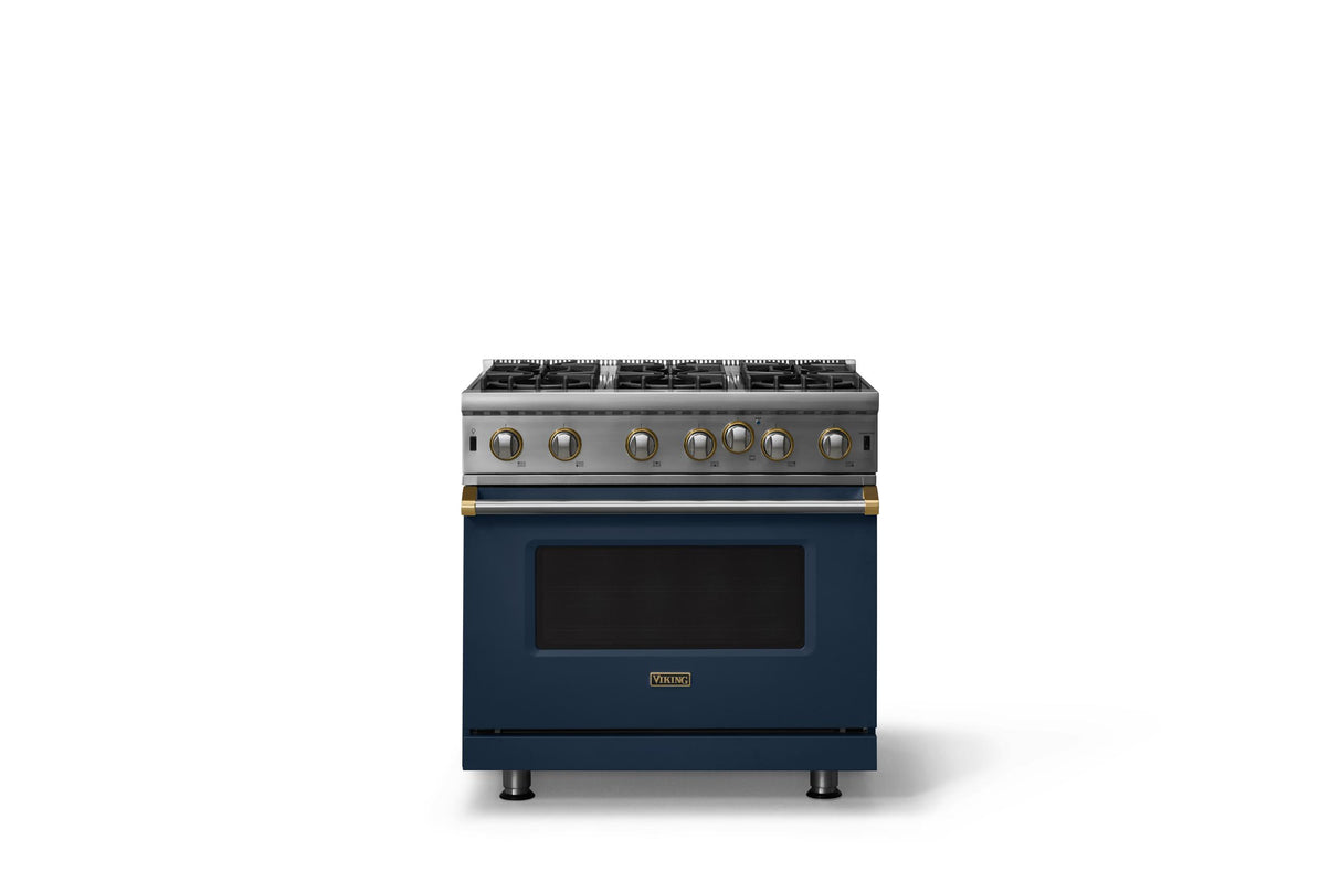 36"W. Open Burner Gas Range (Finish: Slate Blue, Trim: Brushed Brass, Fuel: Propane)