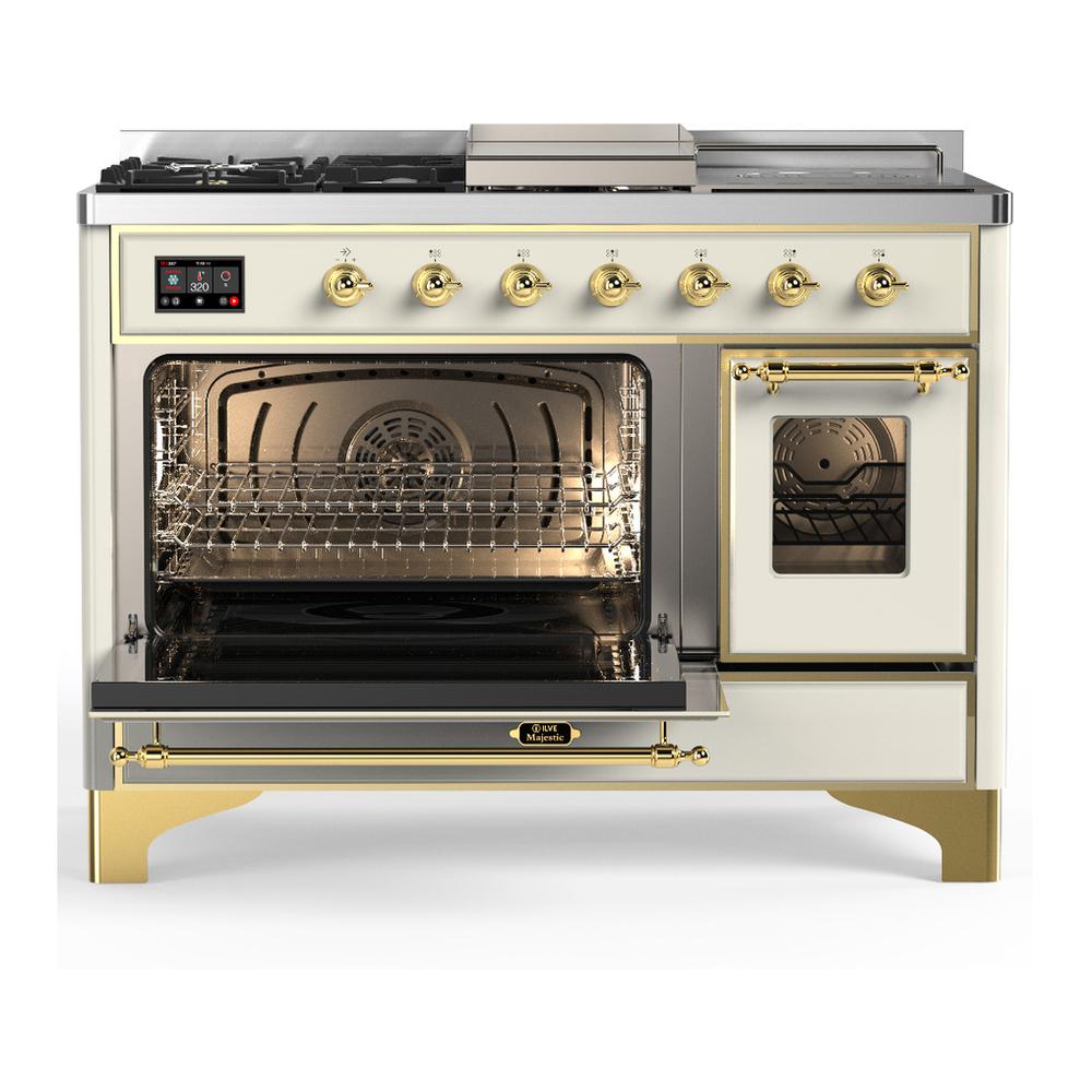 ILVE UM48FSNR3AWG Majestic III 48 inch Dual Fuel Range with 5 Black Brass Burners, Griddle and French Top, Dual Function Burner up to 25,000 BTU (Natural Gas, Triple Glass Door, Antique White, Brass)