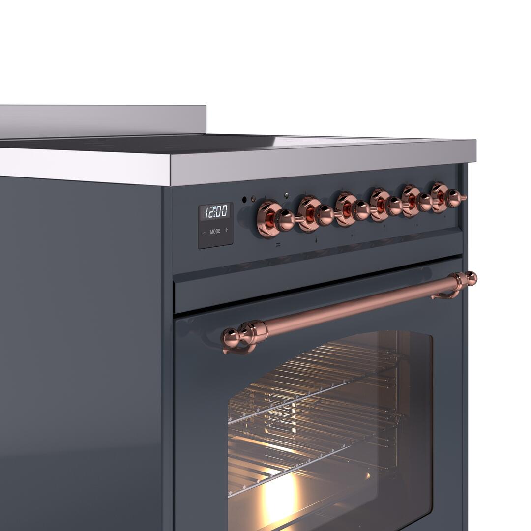 Nostalgie II 30 Inch Electric Freestanding Range in Blue Grey with Copper Trim