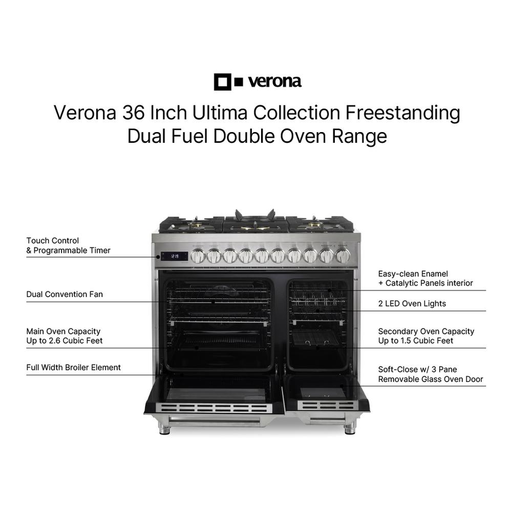 Verona VUFSGE365DSS 36 inch Ultima Collection Double Oven Dual Fuel Range with 5 Brass Burners, 4.1 cu. ft. Total Oven Capacity