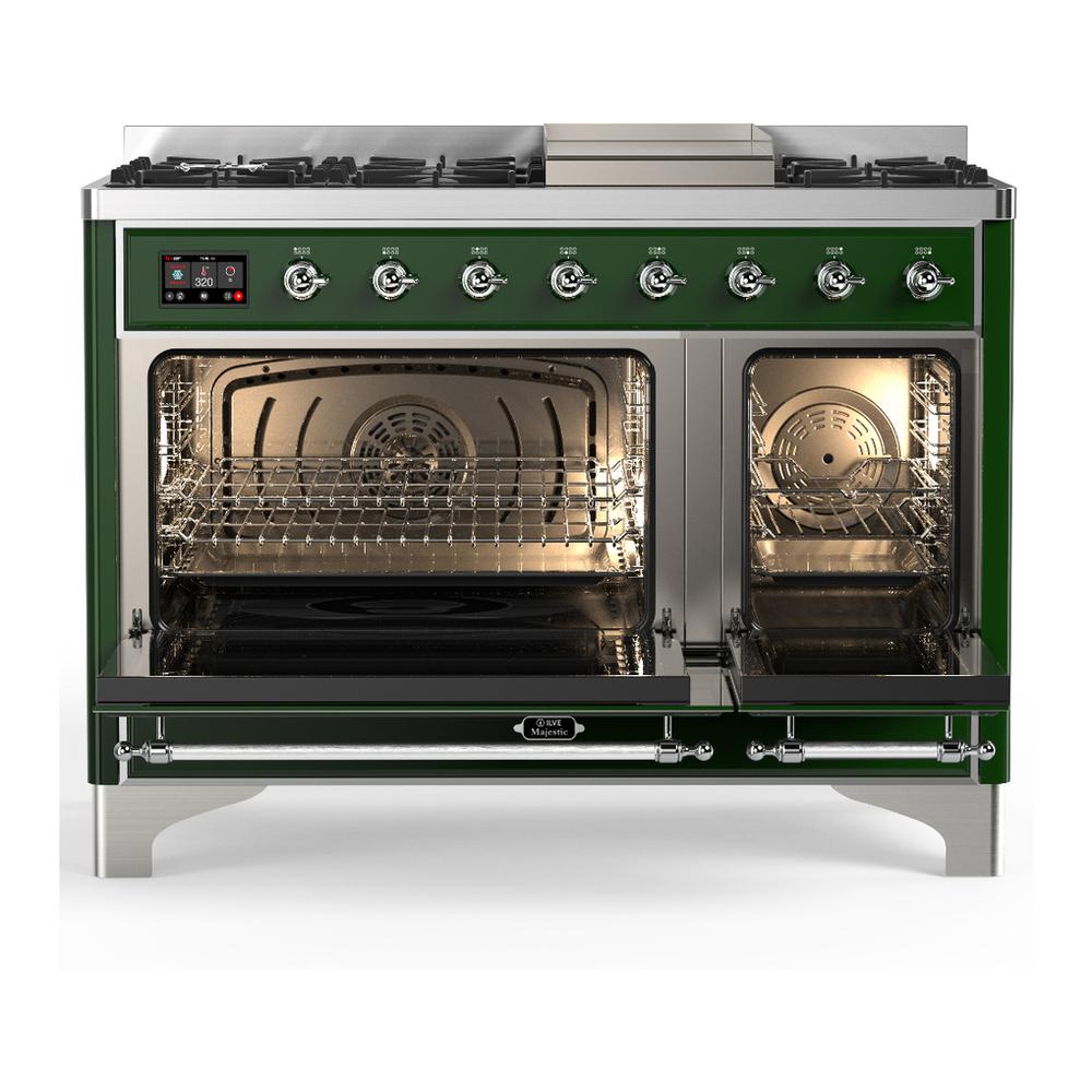 ILVE UM48FNR3EGC Majestic III 48 inch Dual Fuel Range with 8 Burners and Griddle, Dual Function Burner up to 25,000 BTU (Natural Gas, Triple Glass Door, Emerald Green, Chrome)