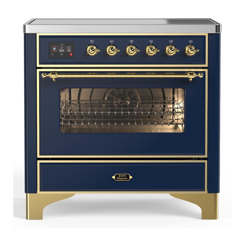 ILVE UMIB36NR3MBG Majestic III 36 inch Induction Range with 6 Elements, 3.5 cu. ft. Total Oven Capacity (Triple Glass Door, Midnight Blue, Brass)