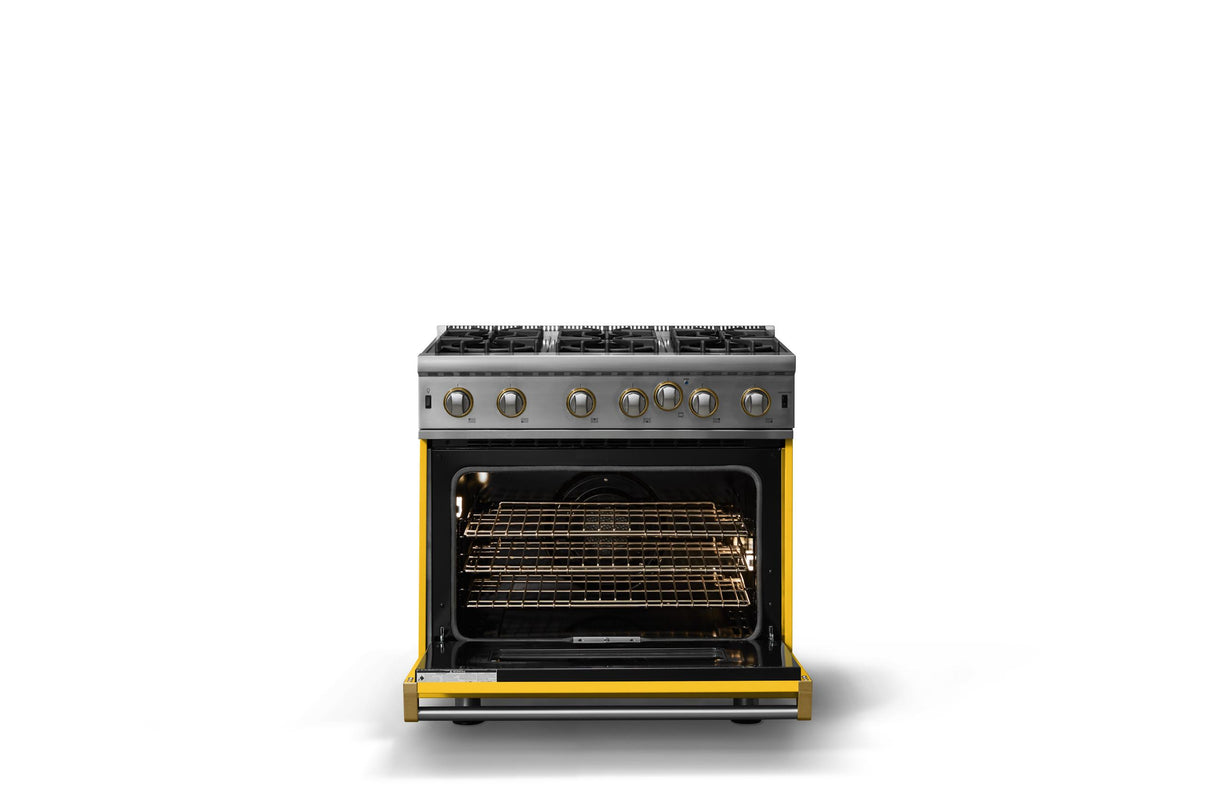 36"W. Open Burner Gas Range (Finish: Daffodil, Trim: Brushed Brass, Fuel: Propane)