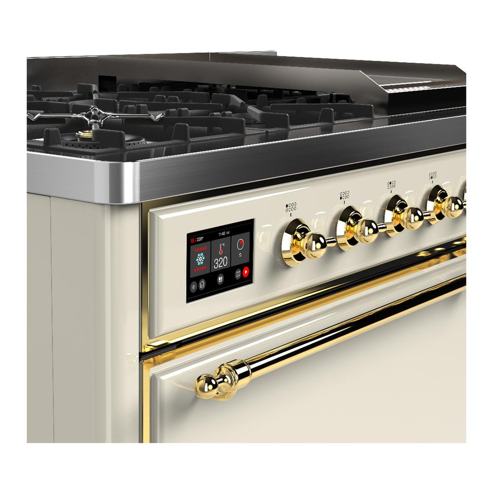 ILVE UM48FQNR3AWG Majestic III 48 inch Dual Fuel Range with 8 Burners and Griddle, Dual Function Burner up to 25,000 BTU (Natural Gas, Solid Door, Antique White, Brass)