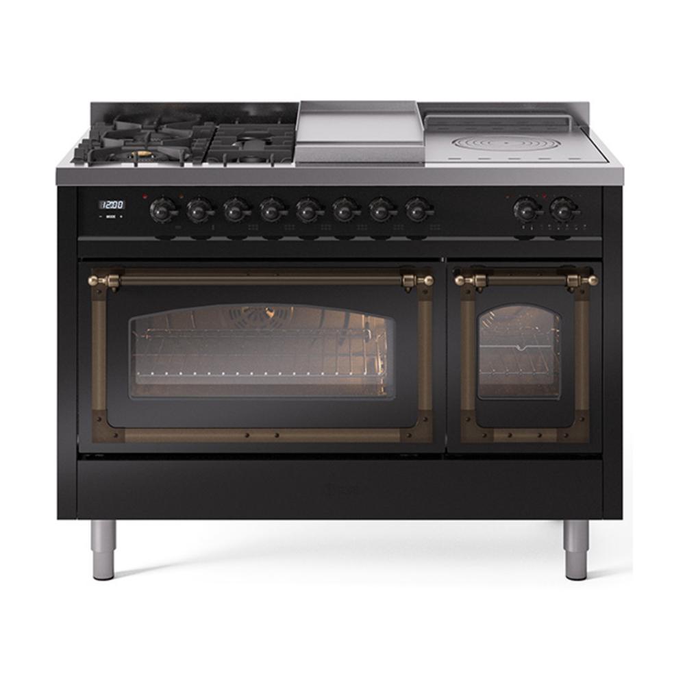 ILVE UN48FSNMPBKBLP Nostalgie II Noblesse 48 inch Dual Fuel Range (5 Sealed Burners + Griddle + French Top, Liquid Propane, Triple Glass Door, Glossy Black, Burnished)