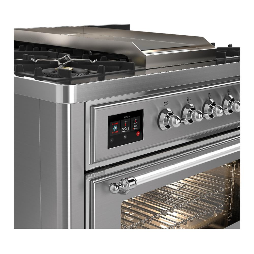 ILVE UM36FNR3SSC Majestic III 36 inch Dual Fuel Range with 6 Black Brass Burners and Griddle, Dual Function Burner up to 25,000 BTU (Triple Glass Door, Stainless Steel, Chrome, Natural Gas)