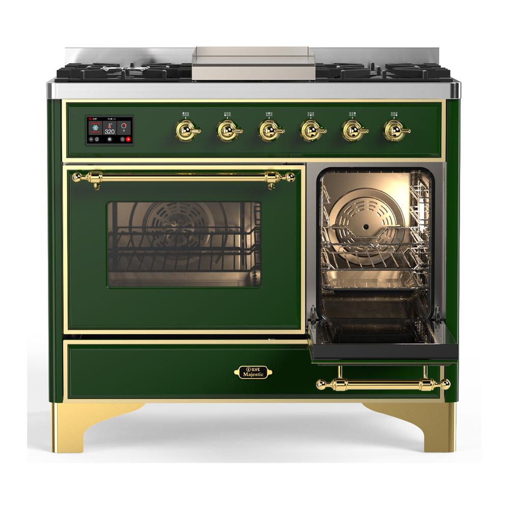 ILVE UMD40FNR3EGGLP Majestic III 40 inch Dual Fuel Range with 6 Burners and Griddle, Dual Function Burner up to 25,000 BTU (Liquid Propane, Triple Glass Door, Emerald Green, Brass)
